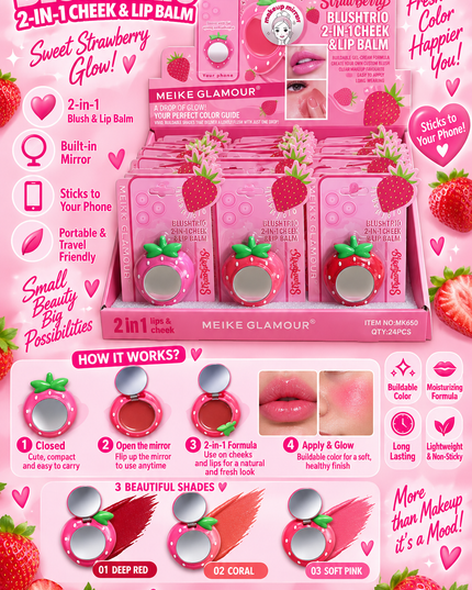 BLUSH-TRIO CHEEK & LIPS  -STICK IT TO YOUR PHONE -MEIKE GLAMOUR-STRAWBERRY -24 PCS -MK653-(L35)