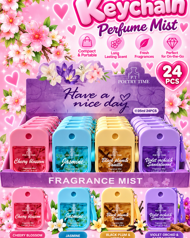 PERFUME KEYCHAIN 35 ml- 24 pcs box - HAVE A NICE DAY( purple box)