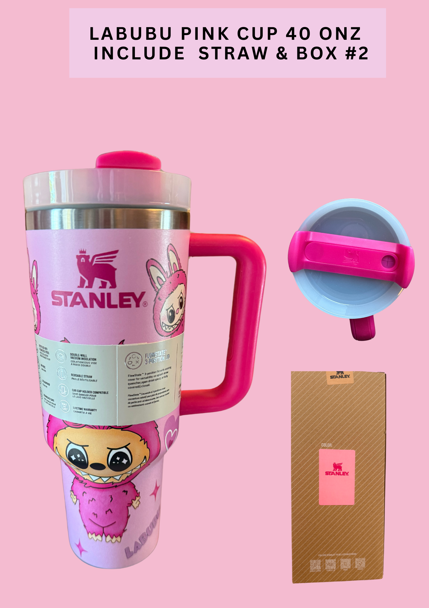 LABUBU PINK CUP 40 ONZ - INCLUDE STRAW & BOX #2