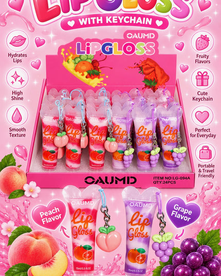 LIP GLOSS -KEYCHAIN FRUIT -OAMUD - SPIRAL COLORS -24 PCS (Cod LG-094A)