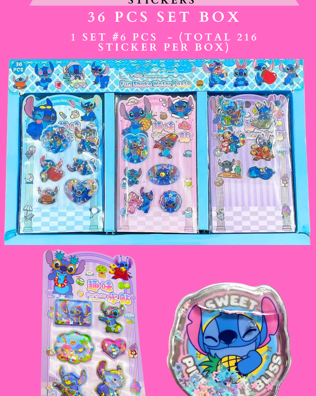 3D STITCH GLITTER WATER STICKERS -36 PCS BOX (1 SET #6 PCS - (TOTAL 216 STICKER PER BOX)