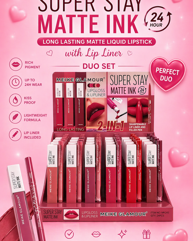 LIP GLOSS DUO MATTE & LIP LINER-2&1 MEIKE GLAMOUR -24 SET BOX #MK243