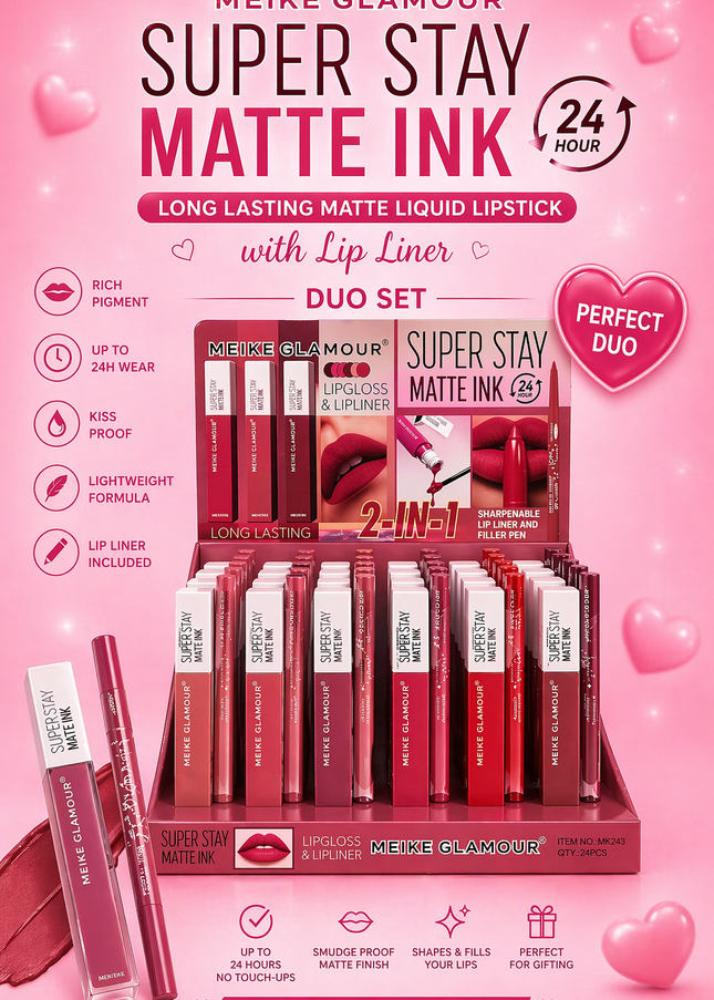 LIP GLOSS DUO MATTE & LIP LINER-2&1 MEIKE GLAMOUR -24 SET BOX #MK243