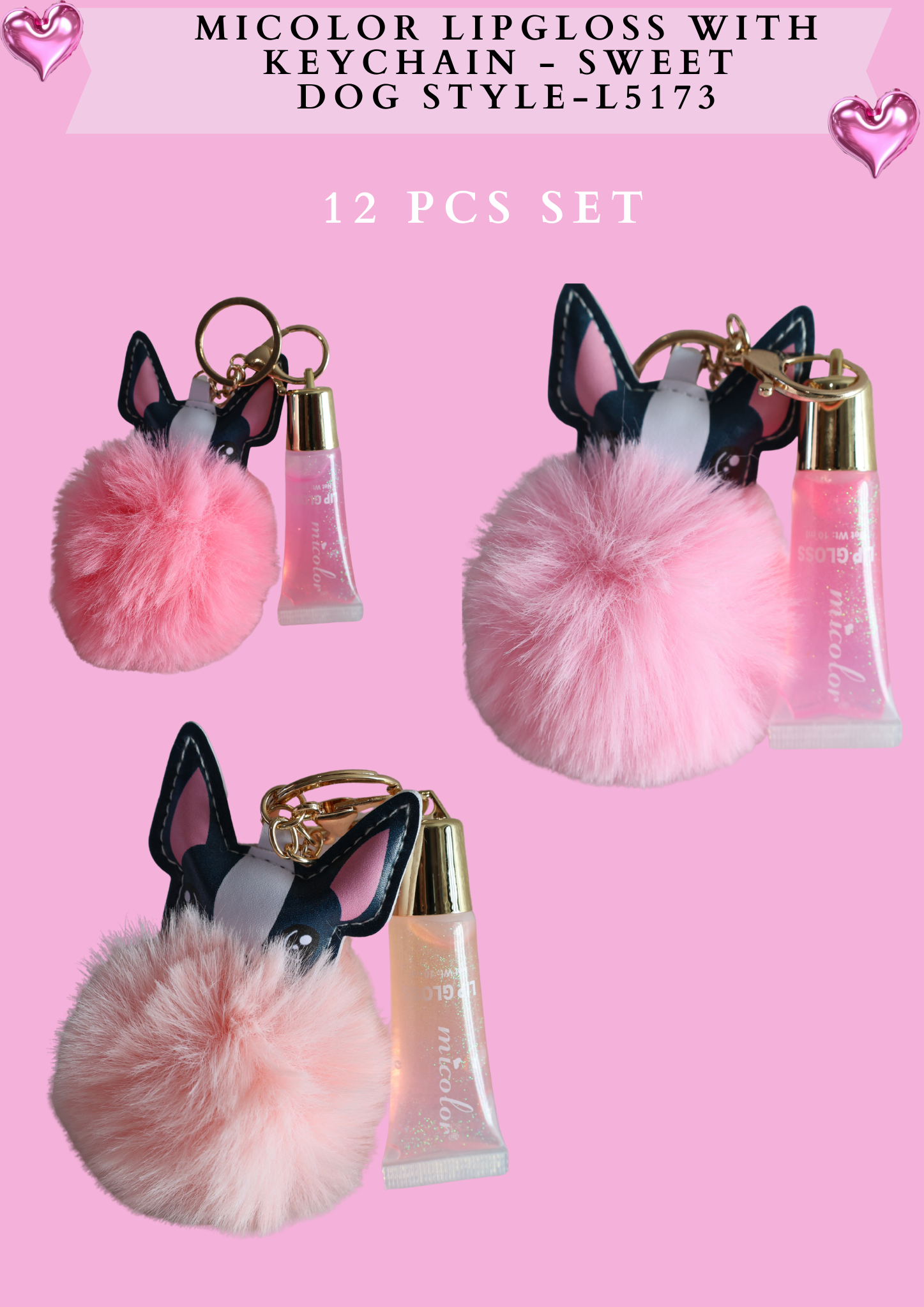 MICOLOR LIPGLOSS WITH KEYCHAIN - SWEET DOG STYLE- L5173 12 PCS SET
