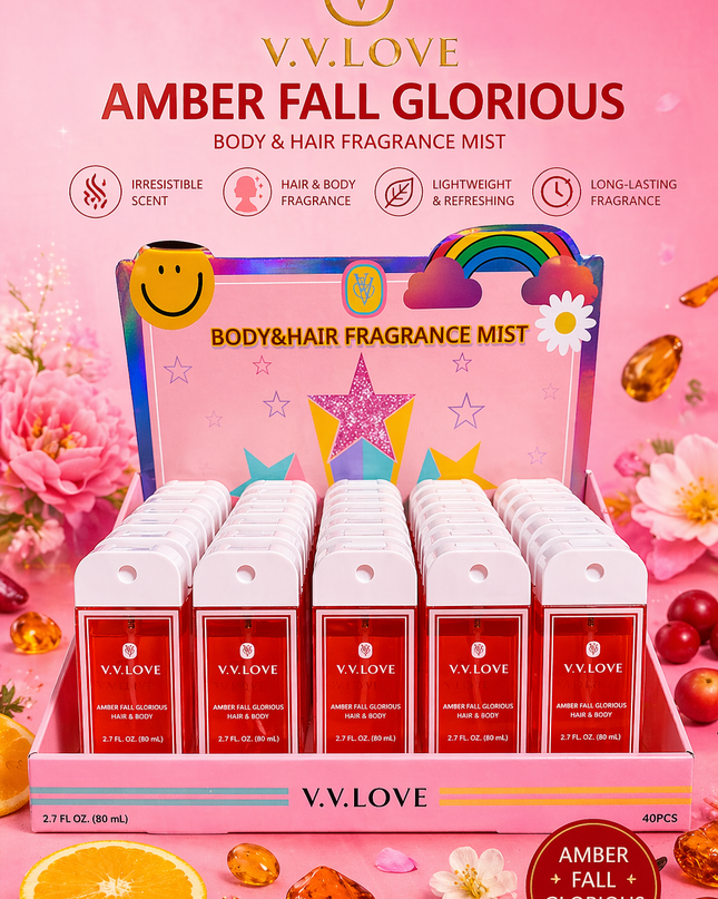 AMBER FALL GLORIOUS- BODY & HAIR FRAGRANCE MIST - Vv love ( 40 pcs box ) 80 ml per each