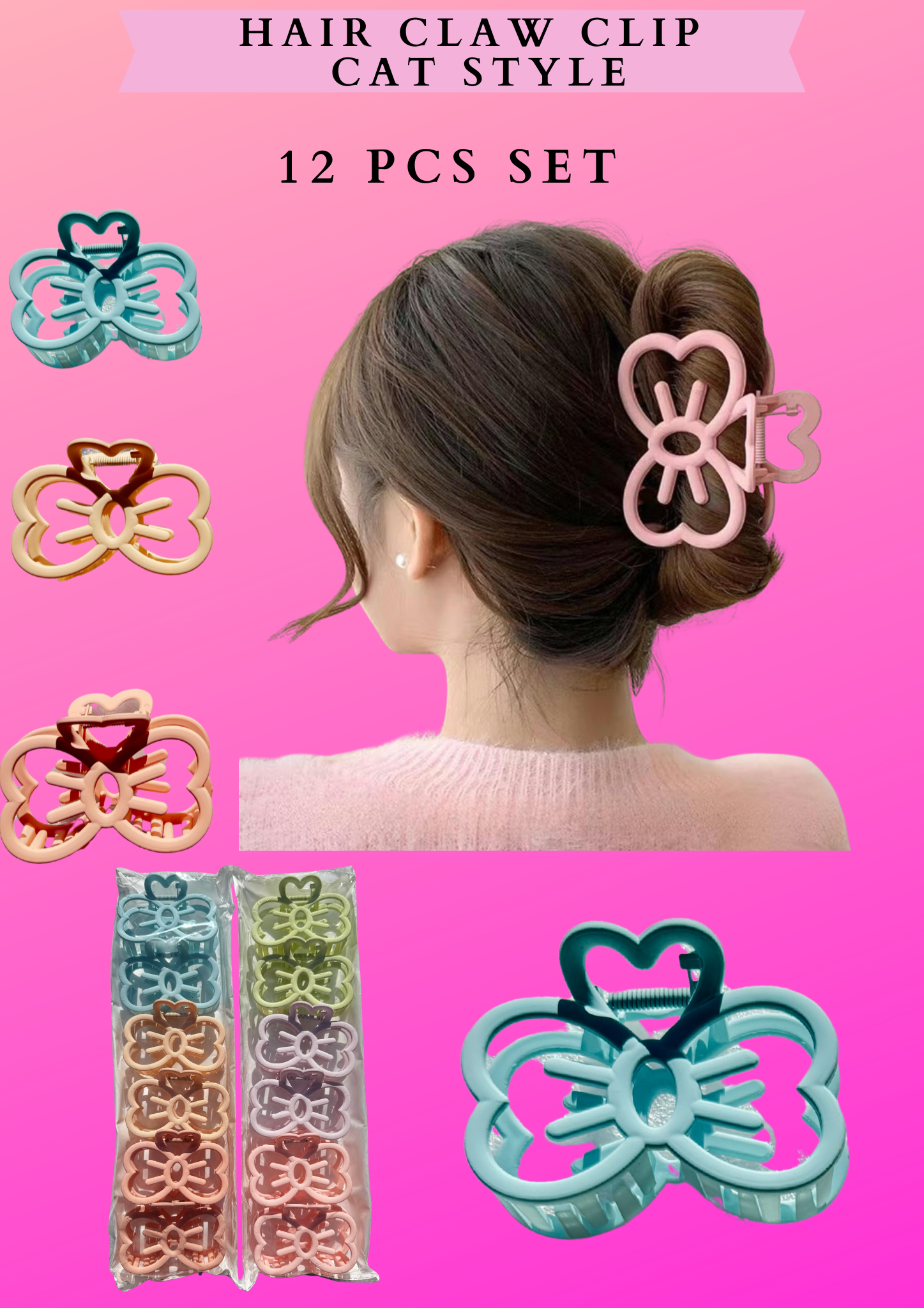 HAIR CLAW CLIP CAT STYLE-  12 PCS SET