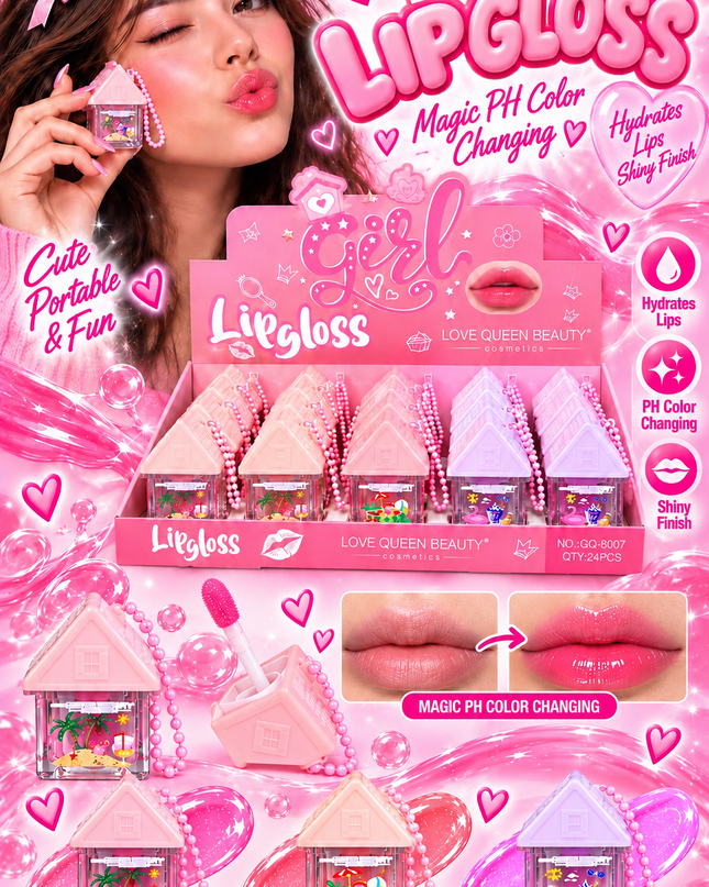 MAGIC LIPGLOSS GIRL-CUTE HOUSE WITH KEYCHAIN keychain LOVE QUEEN BEAUTY( 24 PCS BOX) (COD GQ-8007)