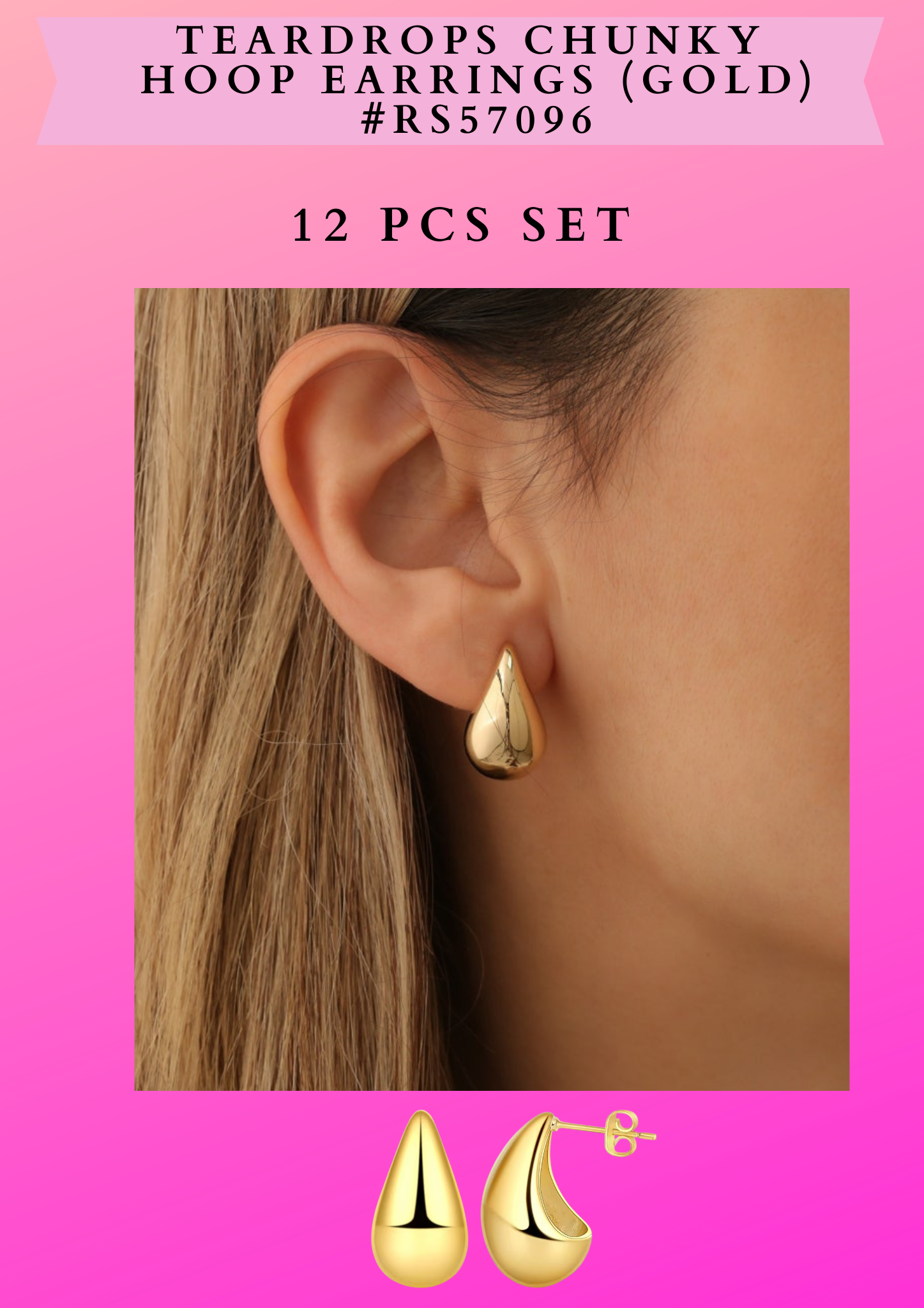 TEARDROPS CHUNKY HOOP EARRINGS (GOLD) #RS57096 - 12 PCS SET