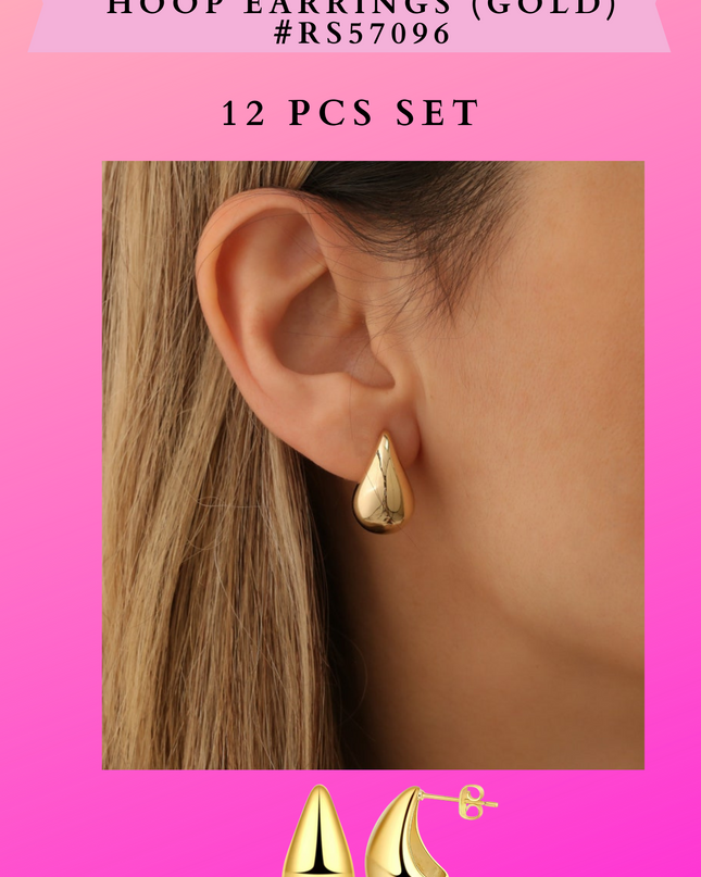 TEARDROPS CHUNKY HOOP EARRINGS (GOLD) #RS57096 - 12 PCS SET