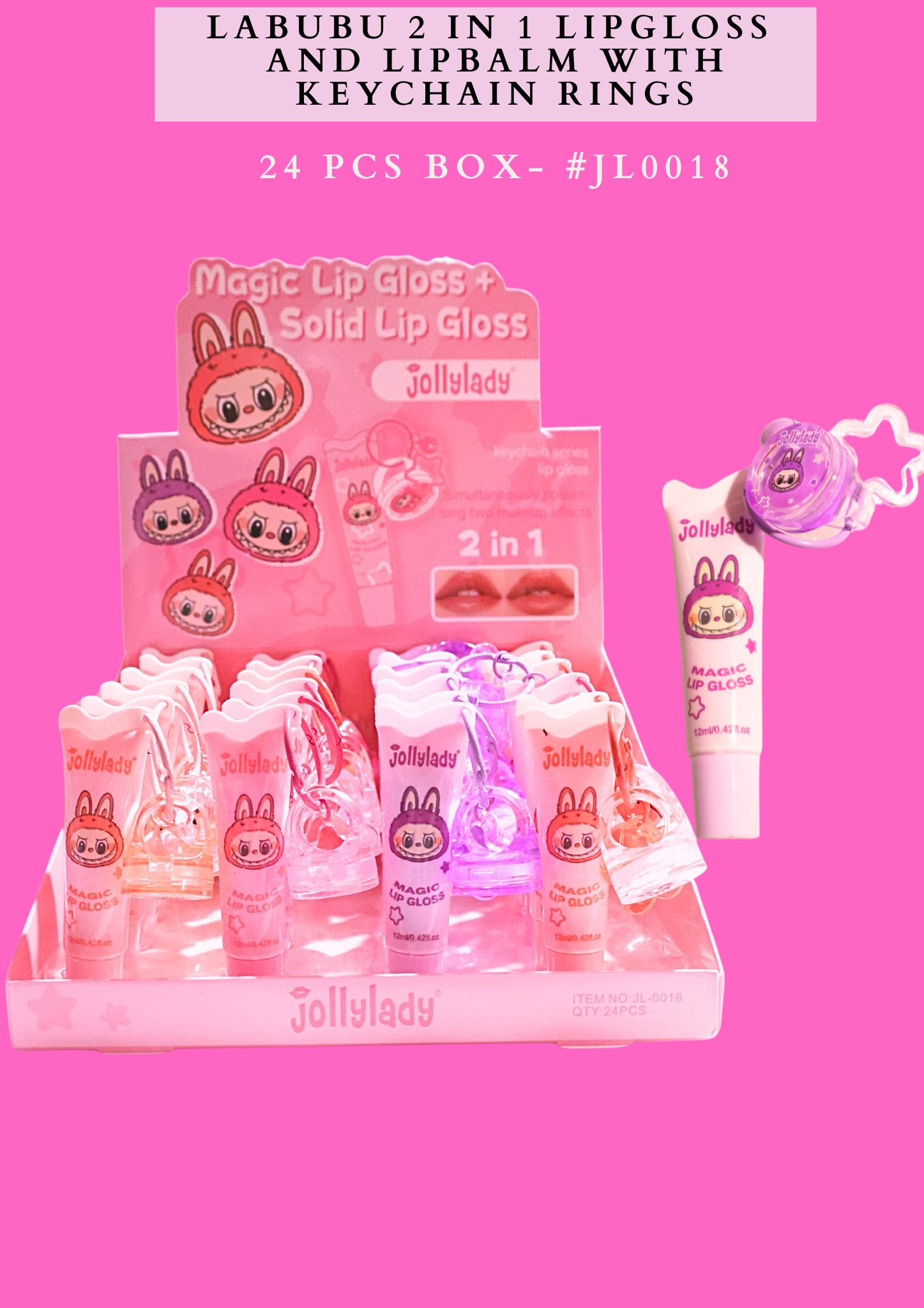 LABUBU 2 IN 1 LIPGLOSS AND LIPBALM WITH KEYCHAIN RING( 24 PCS BOX)- #L0018