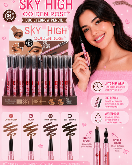 SKY HIGH QOIDEN ROSE - RETRACTABLE DUO EYEBROW PENCIL & BRUSH - (72 pcs box)
