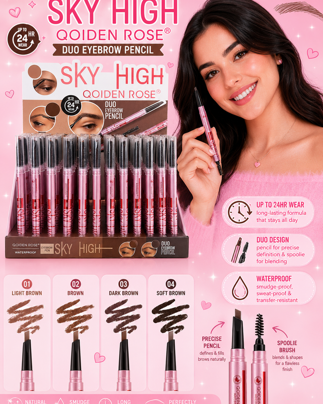 SKY HIGH QOIDEN ROSE - RETRACTABLE DUO EYEBROW PENCIL & BRUSH - (72 pcs box)
