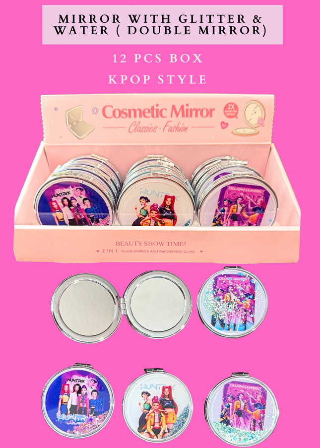 MIRROR WITH GLITTER & WATER (DOUBLE MIRROR) - 12 PCS BOX KPOP STYLE
