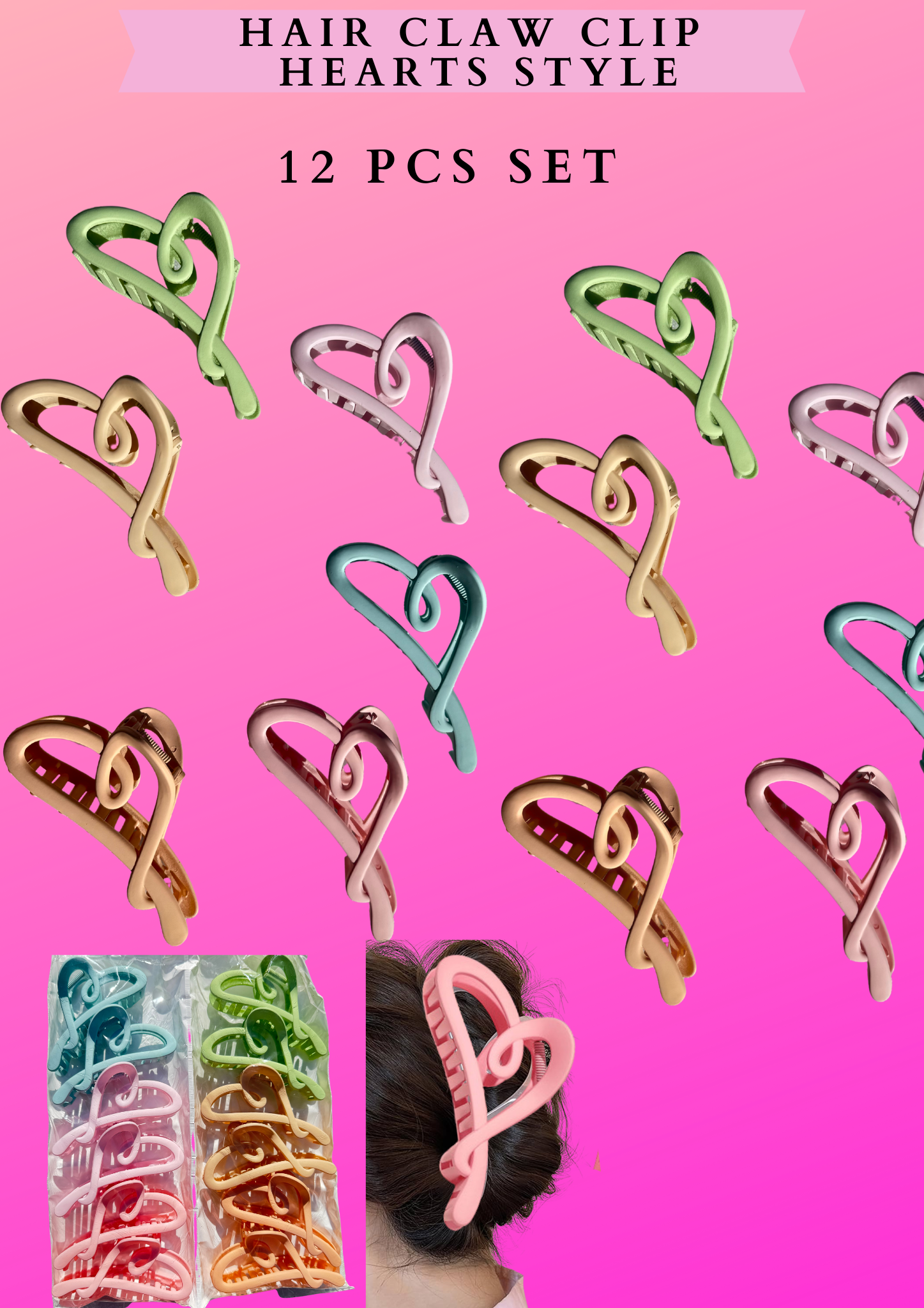 HAIR CLAW CLIP HEARTS - STYLE 12 PCS SET