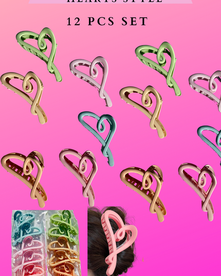 HAIR CLAW CLIP HEARTS - STYLE 12 PCS SET
