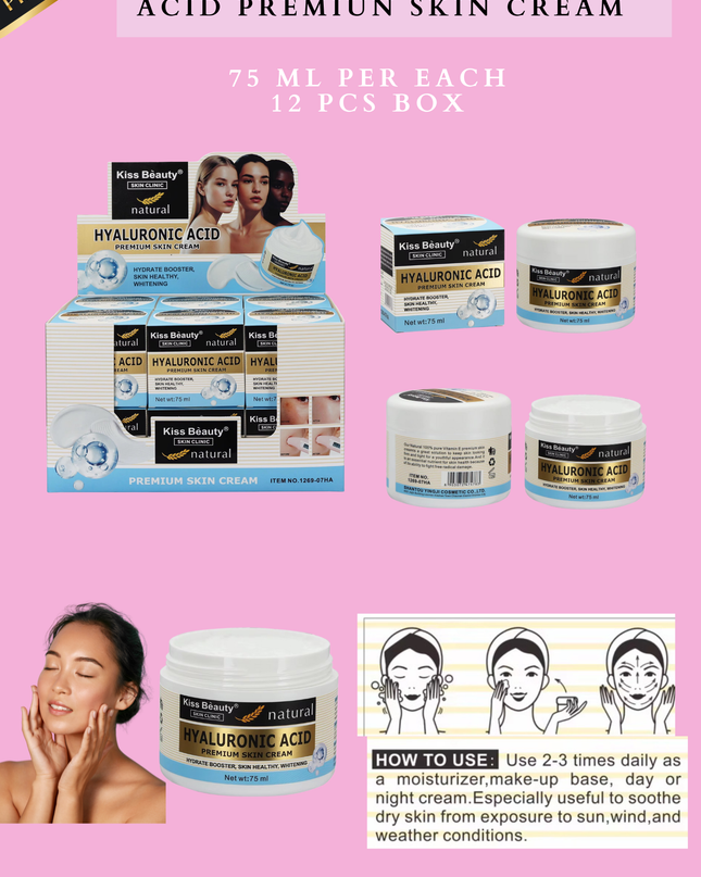 KISS BEAUTY HYALURONIC ACID PREMIUN SKIN CREAM 75 ML PER EACH -12 PCS BOX