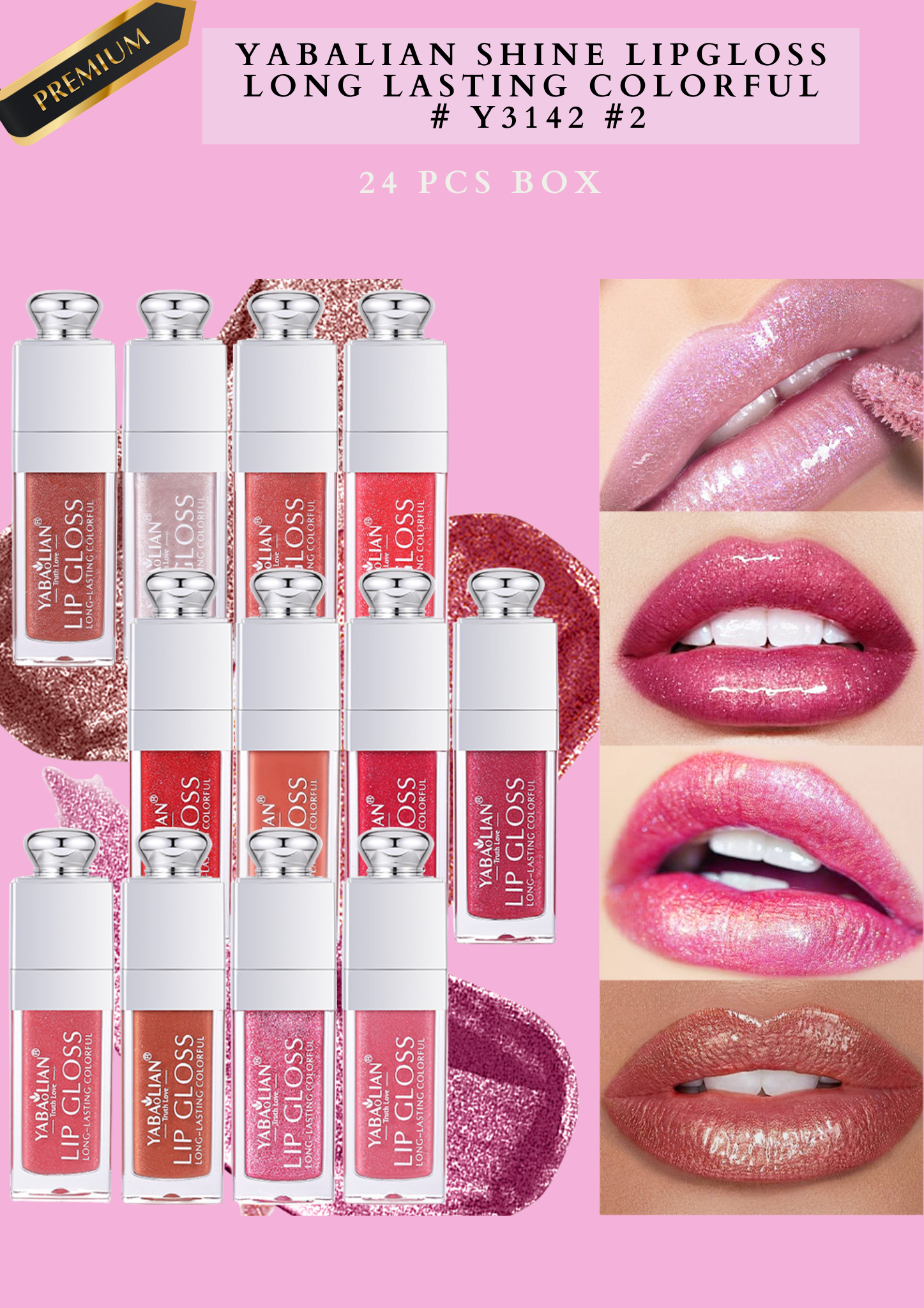 YABALIAN SHINE LIPGLOSS LONG LASTING COLORFUL # Y3142 #2 ( 24 pcs box)
