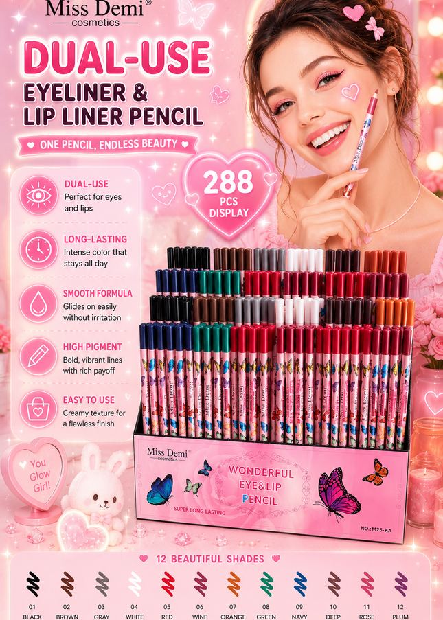 MISS DEMI -DUAL-USE EYELINER & LIP LINER PENCIL ( 288 pcs box)
