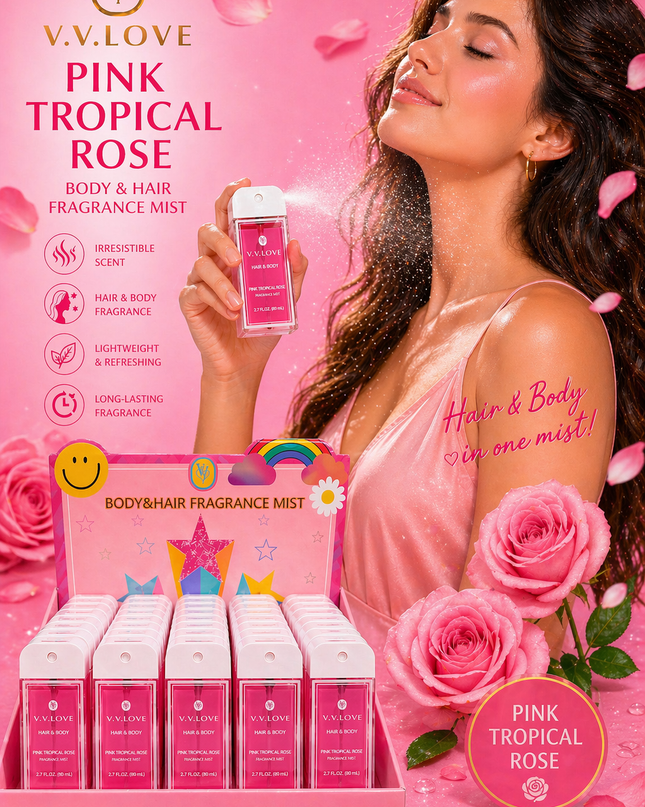 PINK TROPICAL ROSE - BODY & HAIR FRAGRANCE MIST - Vv love ( 40 pcs box ) 80 ml per each