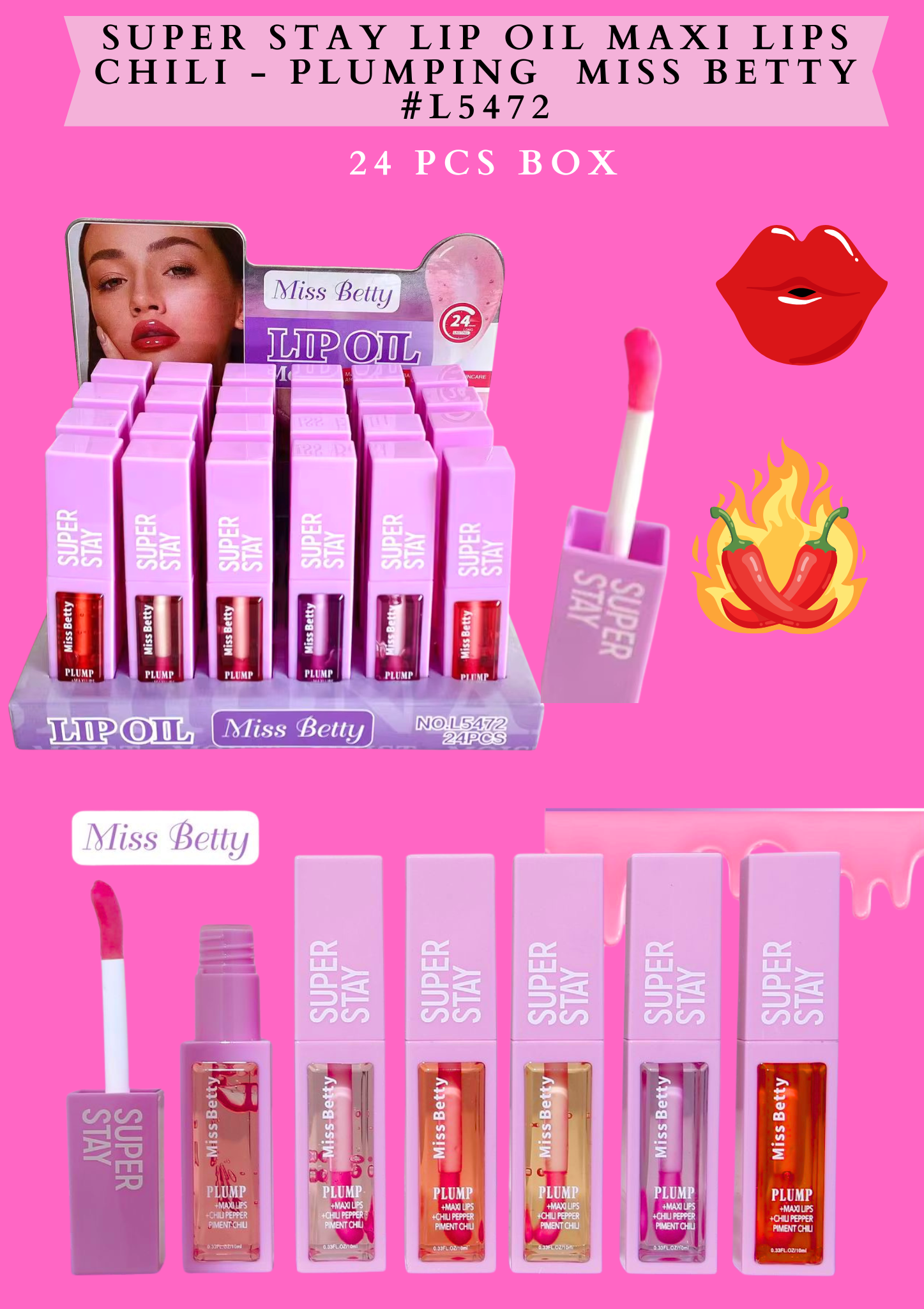 SUPER STAY LIP OIL MAXI LIPS CHILI - PLUMPING MISS BETTY #L5472 (24 PCS BOX)