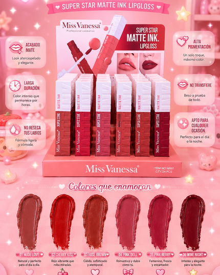 LIP GLOSS MATTE  MISS VANESSA -(24 PCS #M901)