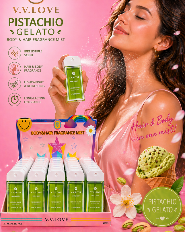 PISTACHIO GELATO- BODY & HAIR FRAGRANCE MIST - Vv love ( 40 pcs box ) 80 ml per each