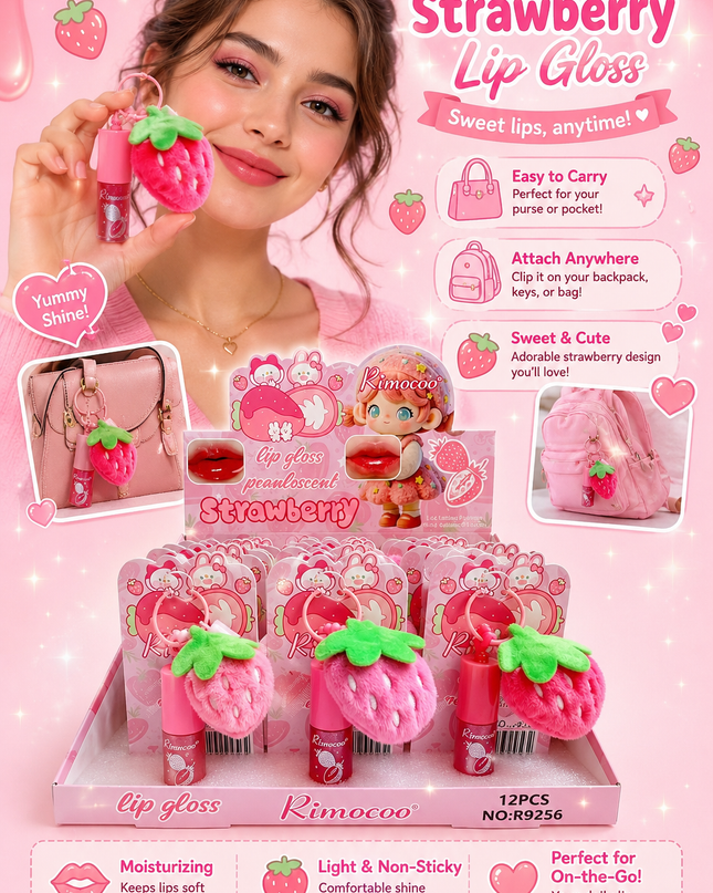 RIMOCOO STRAWBERRY Double lipgloss with KEYCHAIN & plushies - 12 pcs box ( #R9256)
