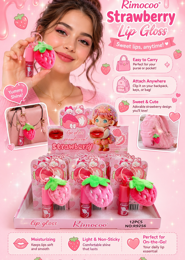 RIMOCOO STRAWBERRY Double lipgloss with KEYCHAIN & plushies - 12 pcs box ( #R9256)