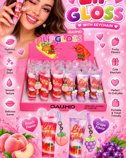 LIP GLOSS -KEYCHAIN FRUIT -OAMUD - SPIRAL COLORS -24 PCS (Cod LG-094A)