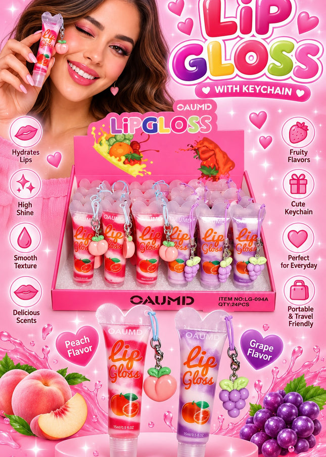 LIP GLOSS -KEYCHAIN FRUIT -OAMUD - SPIRAL COLORS -24 PCS (Cod LG-094A)