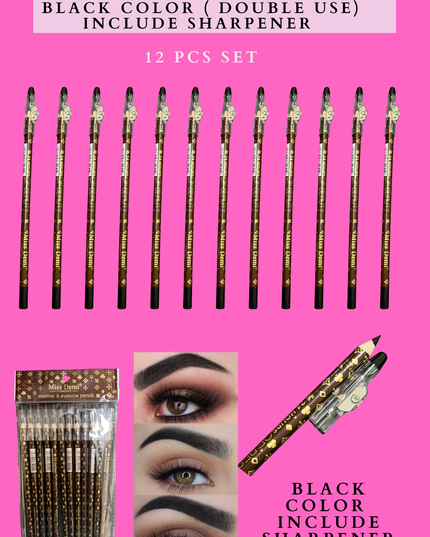 EYEBROWS & EYELINER BLACK COLOR (DOUBLE USE) INCLUDE SHARPENER 12 PCS SET