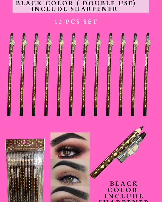 EYEBROWS & EYELINER BLACK COLOR (DOUBLE USE) INCLUDE SHARPENER 12 PCS SET