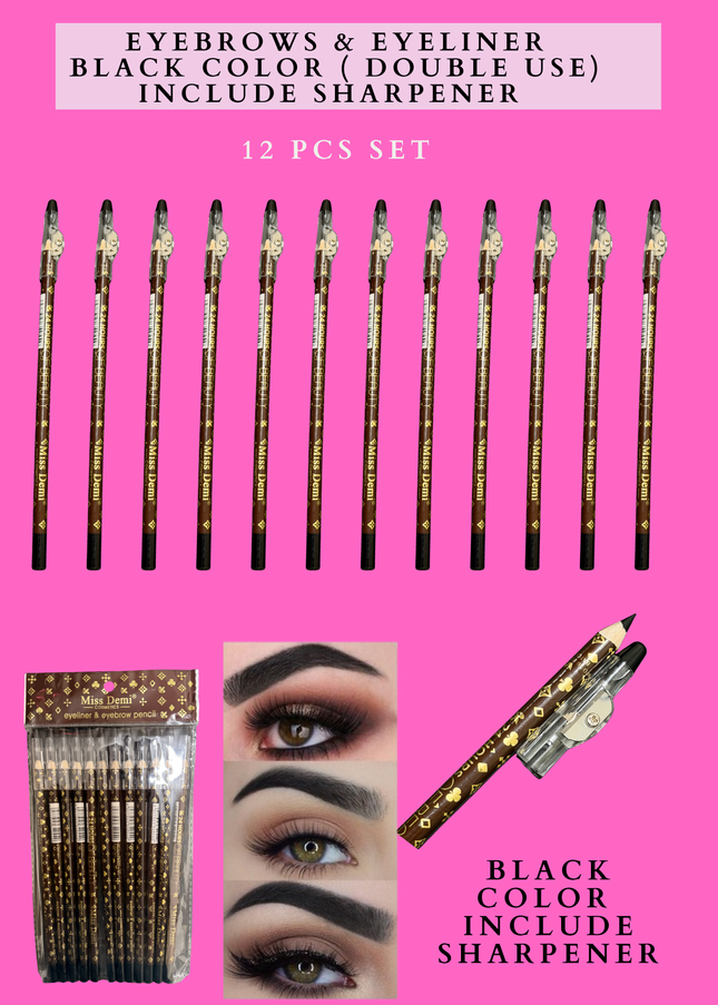 EYEBROWS & EYELINER BLACK COLOR (DOUBLE USE) INCLUDE SHARPENER 12 PCS SET