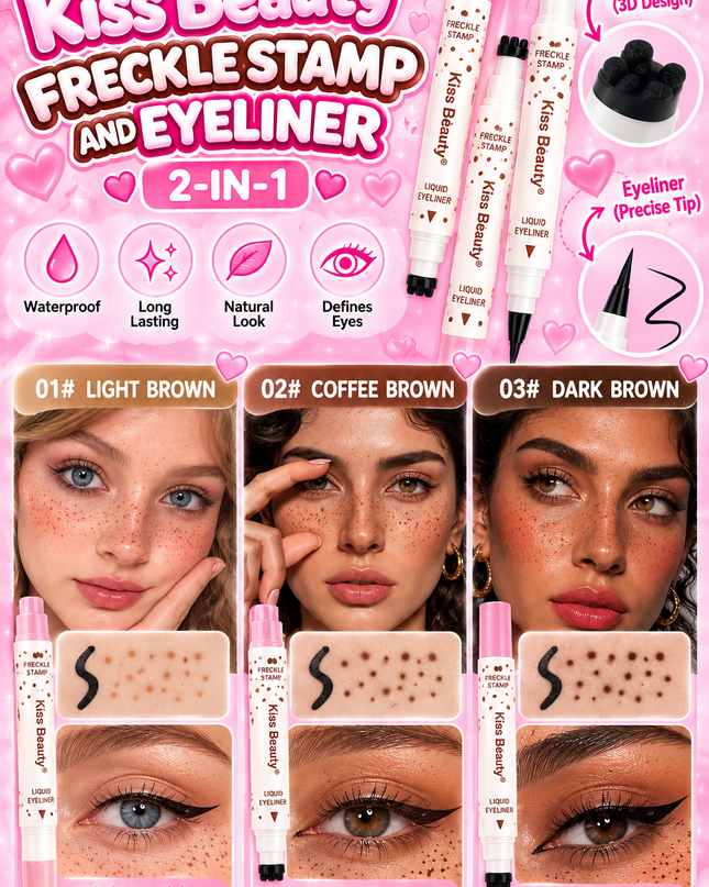 KISS BEAUTY 2 in 1 FRECKLE STAMP & EYELINER black - WATERPROOF- 24 PCS BOX (3colors freckle stamp) (C2)