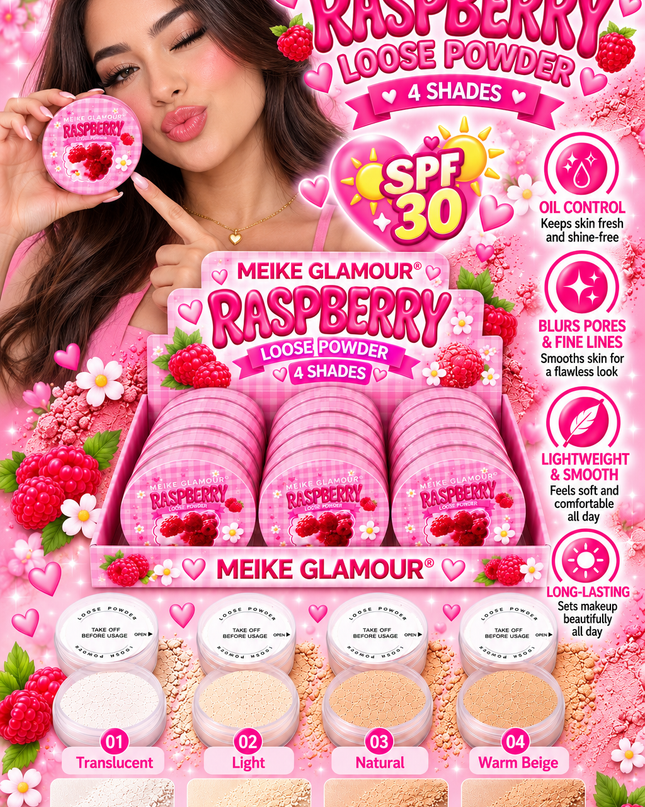 RASPBERRY LOOSE POWDER- include SPF 30 +( 12 pcs box- (Meike glamour Mk507) (C39)