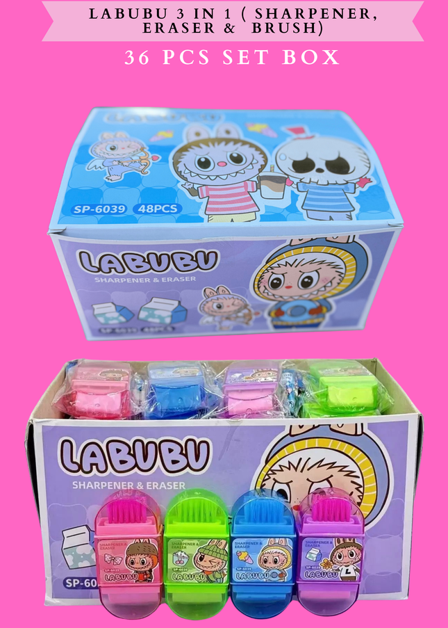 LABUBU ( SHARPENER, ERASER & BRUSH) 48 PCS BOX
