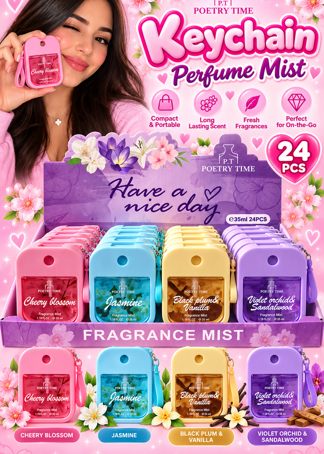 PERFUME KEYCHAIN 35 ml- 24 pcs box - HAVE A NICE DAY( purple box)