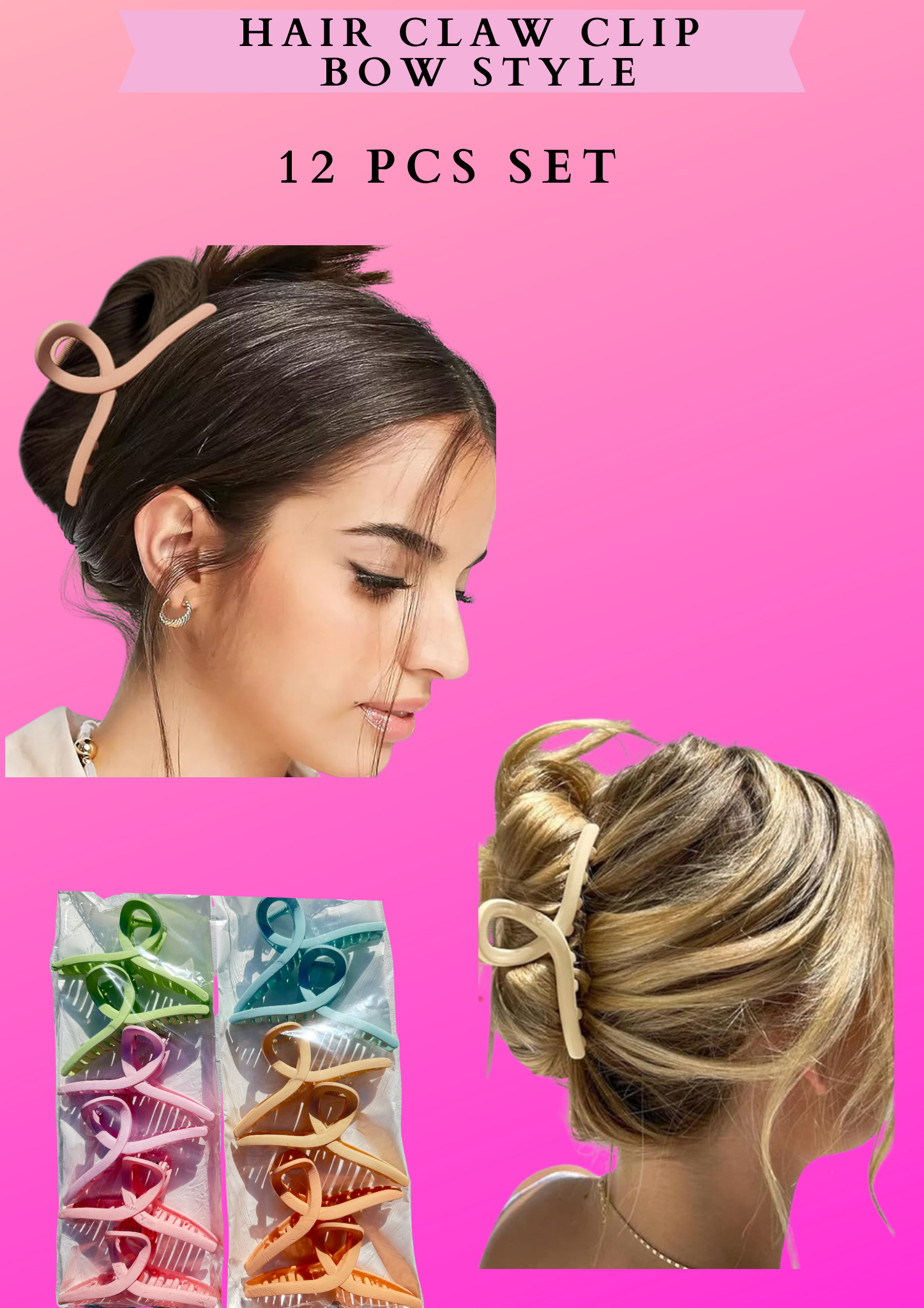 HAIR CLAW CLIP BOW STYLE - 12 PCS SET
