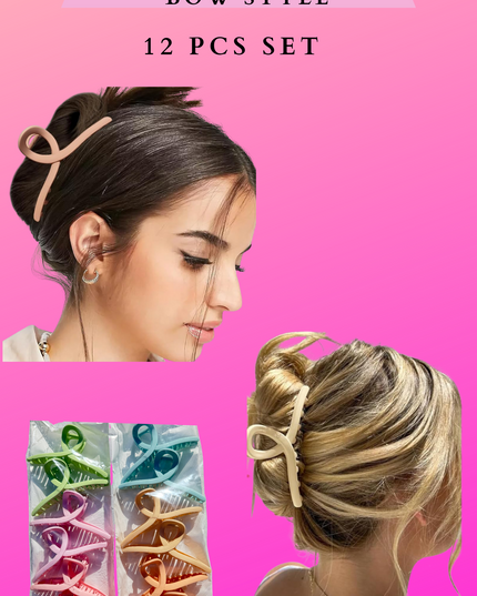 HAIR CLAW CLIP BOW STYLE - 12 PCS SET