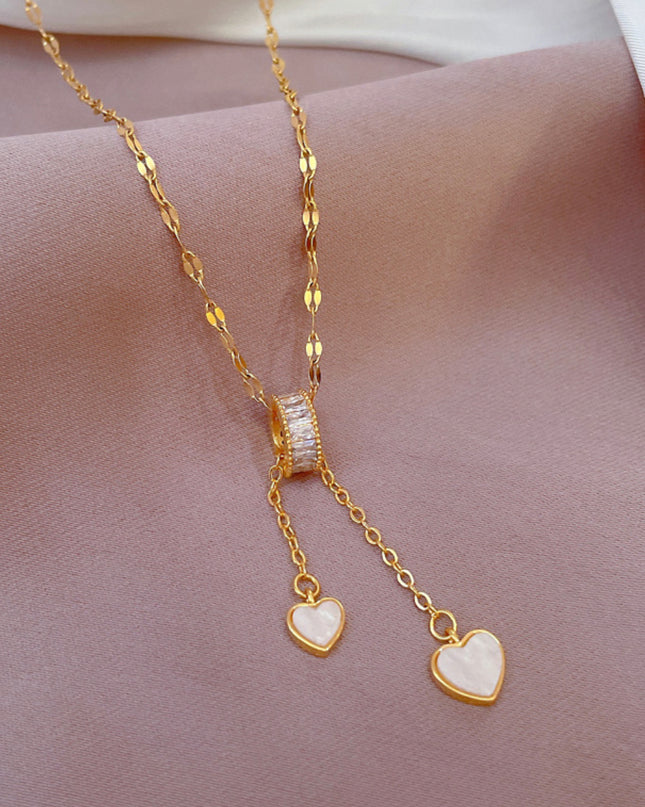 Heart  gold  white - Necklace  titanium steel - waterproof (gold color)
