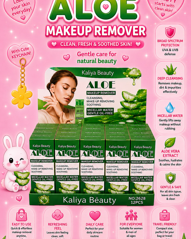 MAKE UP REMOVER-MICELLAR WATER -ALOE VERA  KALIYA BEAUTY 12 PCS BOX (2628) (H32)