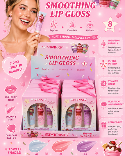 LIP GLOSS SMOTHING - siyiping (8 pack box  - 3 pcs per pack) -(LG210)(#C38)