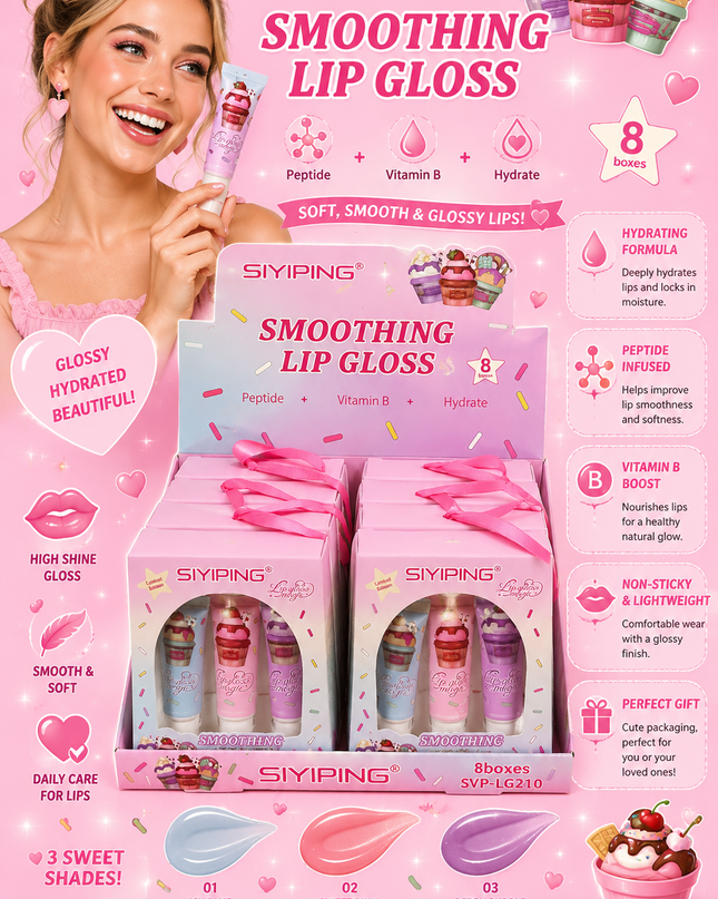 LIP GLOSS SMOTHING - siyiping (8 pack box  - 3 pcs per pack) -(LG210)(#C38)
