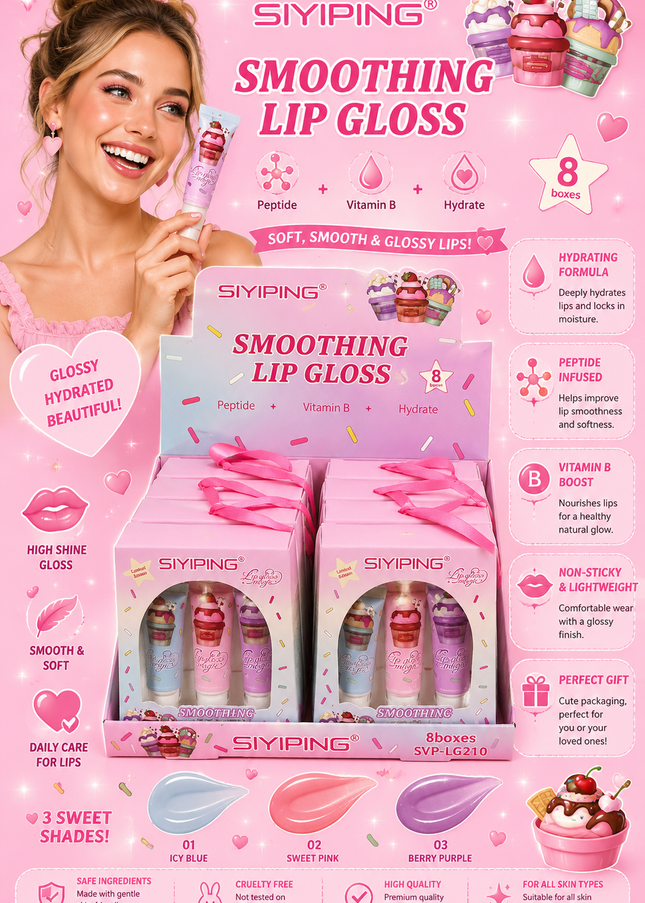 LIP GLOSS SMOTHING - siyiping (8 pack box  - 3 pcs per pack) -(LG210)(#C38)