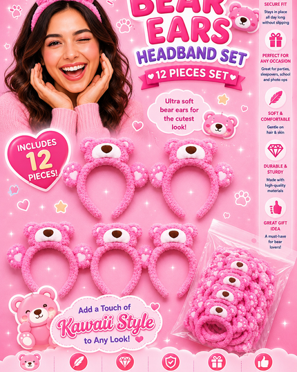 Headband Osito Rosa - pink - diademas peluches  (12 pcs per set) (J47)