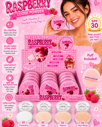 RASPBERRY LOOSE POWDER- include SPF 30 +( 12 pcs box- (Meike glamour Mk507) (C39)