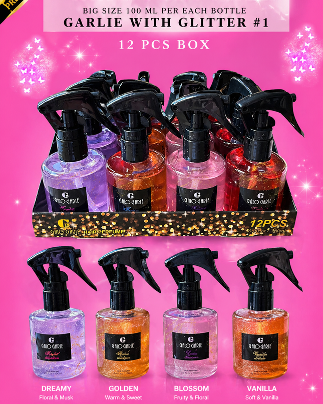 PERFUME FOR HAIR BIG SIZE 100 ML PER EACH GALO GARLIE WITH GLITTER #1 - (12 PCS BOX)