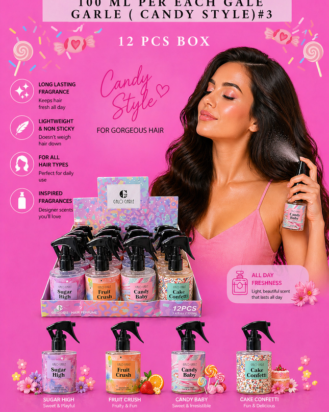 PERFUME FOR HAIR BIG SIZE 100 ML PER EACH GALE GARLE ( CANDY STYLE)#3 - (12 PCS BOX)