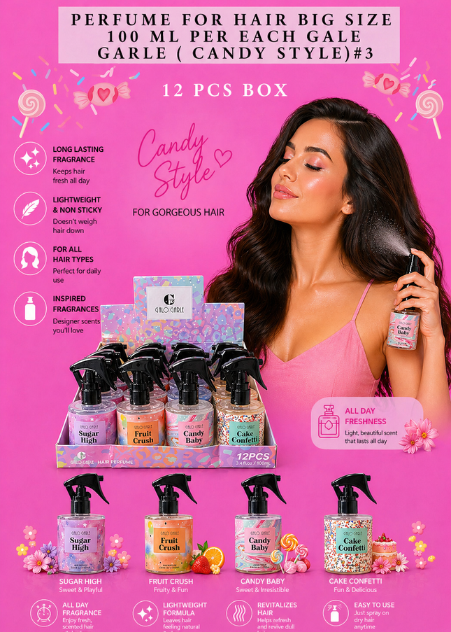 PERFUME FOR HAIR BIG SIZE 100 ML PER EACH GALE GARLE ( CANDY STYLE)#3 - (12 PCS BOX)