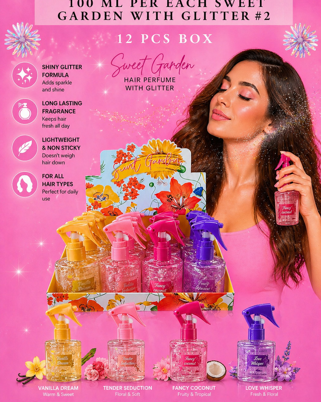 PERFUME FOR HAIR BIG SIZE 100 ML PER EACH SWEET GARDEN WITH GLITTER #2 - (12 PCS BOX)